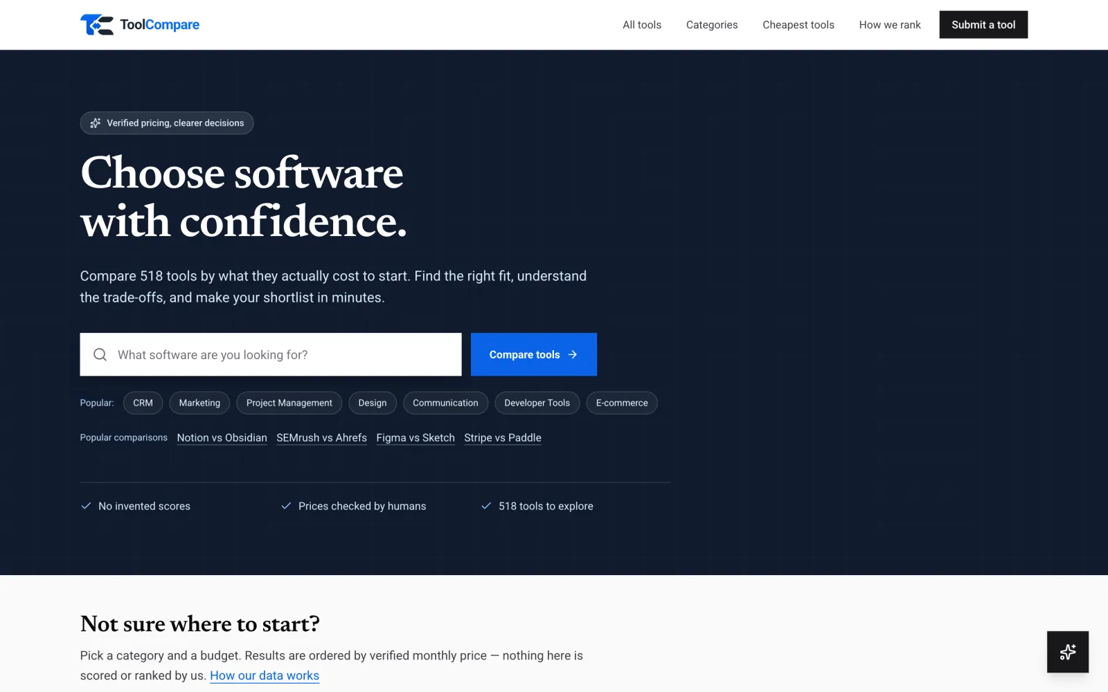 ToolCompare — home page of the live product